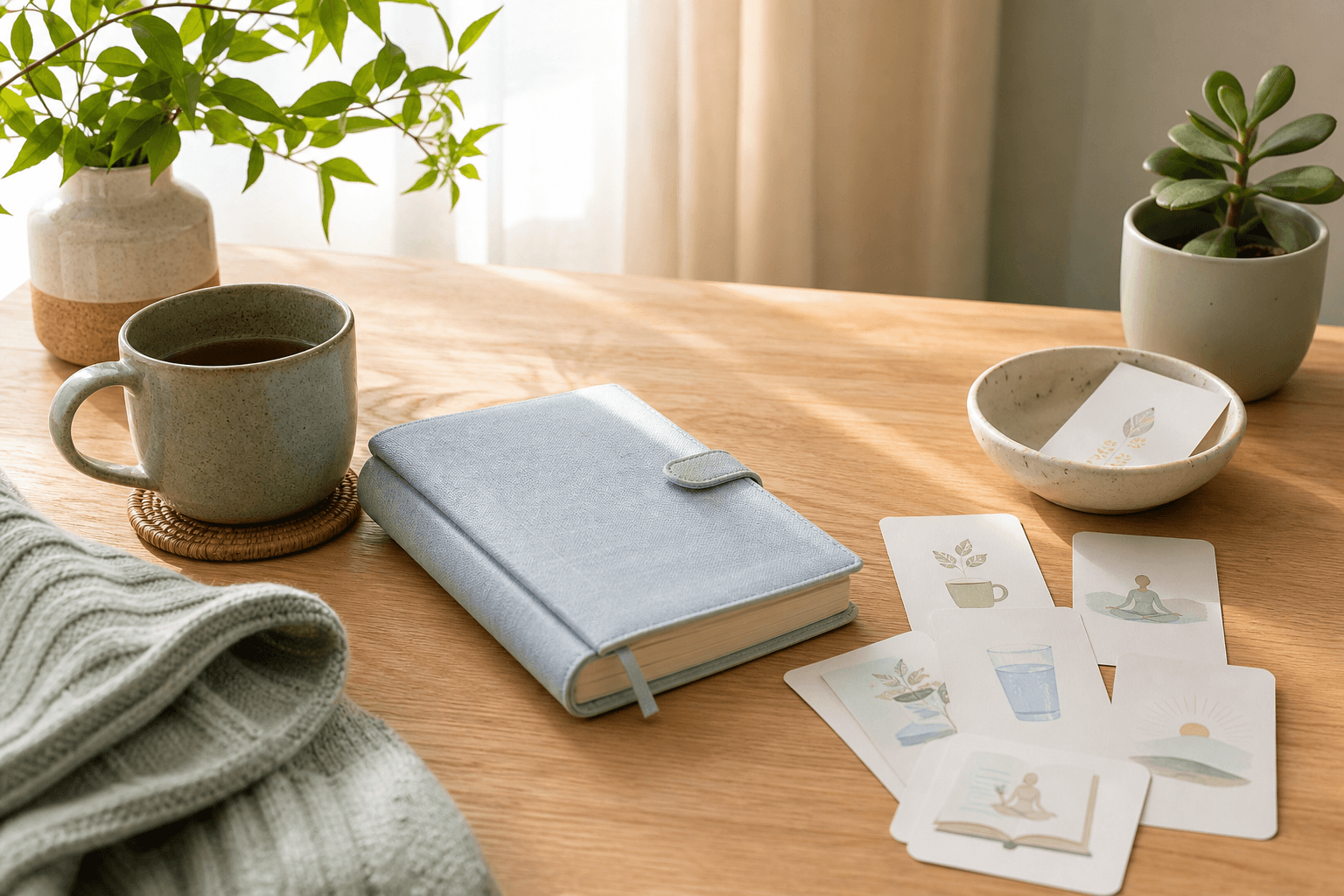 A calm table with a planner, mug, plants, and simple routine cards
